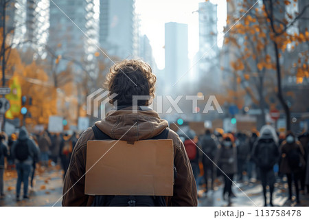 An Empty Banner Waving, United in Demonstration Against Common Foes 113758478