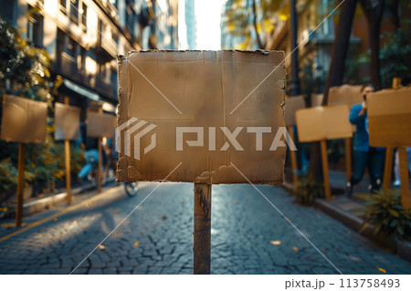 An Empty Banner Waving, United in Demonstration Against Common Foes 113758493