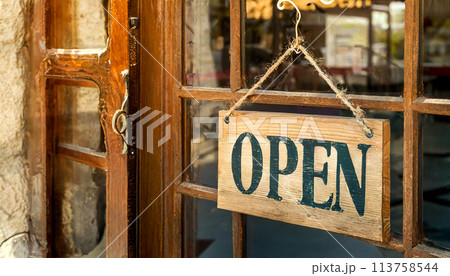 Vintage Wooden Sign Board with Text OPEN of a Commercial Shop - Generative Ai 113758544