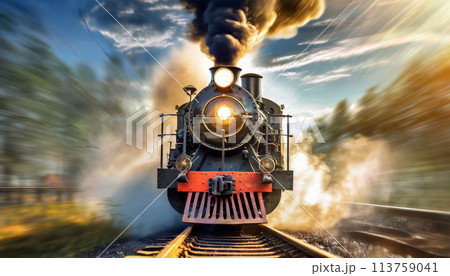 Front View of an Old Locomotive of a Steam Train in Motion - Generative Ai 113759041