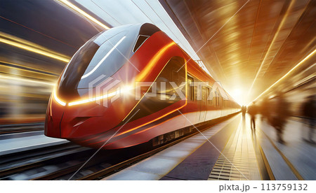 High-speed Red Train in a Train Station with Blurry People - Generative Ai 113759132