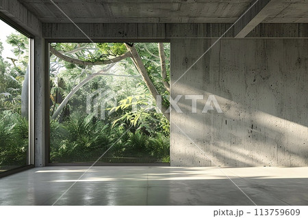 Contemporary loft with nature view, Spacious interior design. 113759609