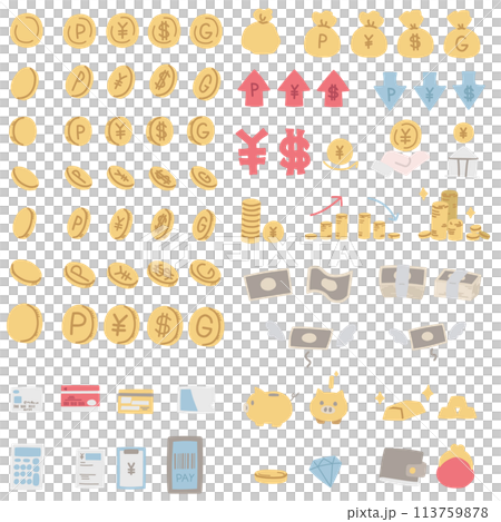 A color illustration set of small items such as coins and banknotes that represent money 113759878