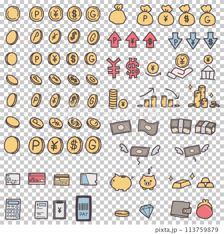 A color illustration set of small items such as coins and banknotes that represent money A color illustration set of small items such as coins and banknotes that represent money 113759879