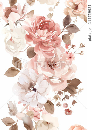 seamless watercolor pattern with rose flowers. vintage print with pink and white flowers 113759921