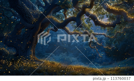 Majestic tree with many branches in a dark forest under cloudy sky 113760037
