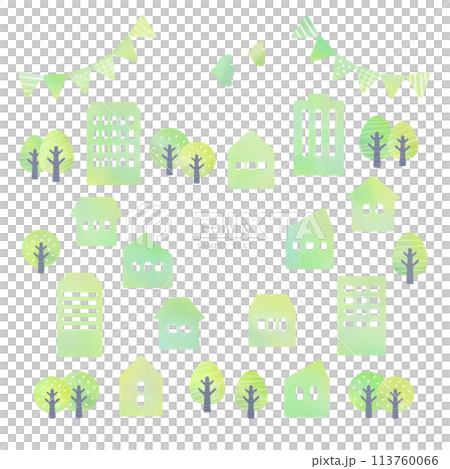水彩風　緑の町イラスト素材セット 113760066