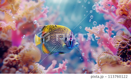 A colorful fish swims in an underwater coral reef ecosystem A colorful fish swims in an underwater coral reef ecosystem 113760122