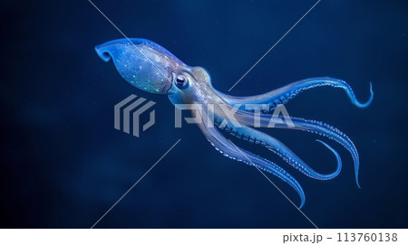 Electric blue squid swims underwater in ocean among zooplankton and cnidaria 113760138