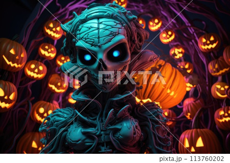 Skeleton Character in Blue Tones Surrounded by Carved Pumpkins and Twisted Branches 113760202