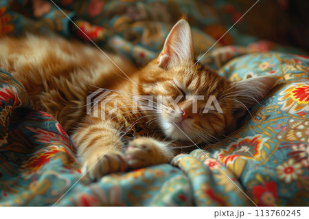 A young tabby kitten lies contentedly in a sunny spot, wrapped in a colorful blanket. 113760245