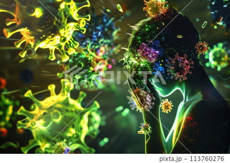 Artistic visualization of a person in despair amidst an onslaught of vividly rendered virus particles, pandemic theme Artistic visualization of a person in despair amidst an onslaught of vividly rendered virus particles, pandemic theme 113760276