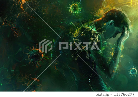 Digital artwork of a human figure overwhelmed by vividly depicted viruses, a representation of pandemic anxiety Digital artwork of a human figure overwhelmed by vividly depicted viruses, a representation of pandemic anxiety 113760277