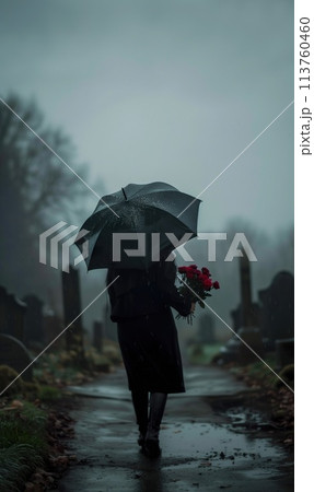 person with flowers and black umbrella at funeral, miserable woman at rainy cemetery 113760460