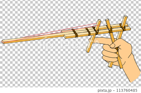 Illustration of a hand preparing to fire a rubber band from a handmade toy chopstick gun 113760485