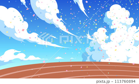 運動会をイメージしたスピード感のある空とグラウンドの背景イラスト_16:9 113760894