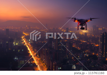 drone above the city at summer night 113761160