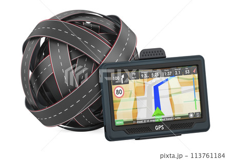 Roads knot with GPS navigation device. 3D rendering 113761184