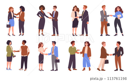 Business people handshake. Office characters shaking hands, agreement or greeting gesture flat vector illustration set. Businessmen shaking hands after successful negotiations 113761198