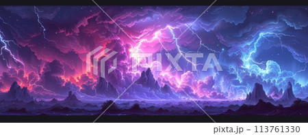 A stormy climate with bright lightning, dark clouds, fierce energy, thunderbolt, high voltage, powerful night weather 113761330