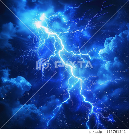 An electric strike in a thunderstorm with a vivid lightning bolt against a blue sky backdrop, showcasing nature's spectacle 113761341