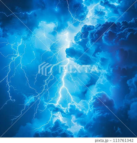 Intense lightning bolt strikes through blue sky, vivid glow and shock visible, creating a spectacular natural scene 113761342
