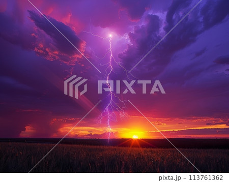 Fierce thunderbolt in a charged climate, blue and red sky, powerful and dangerous electrical discharge, spectacular and awe-inspiring scene 113761362
