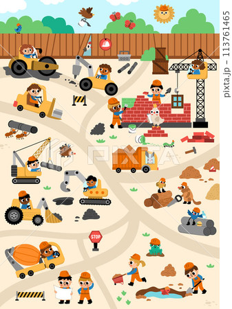 Vector construction site and road work vertical landscape illustration. Building scene with funny kid builders, transport, bulldozer, tractor, truck, crawler crane. Cute repair service map background Vector construction site and road work vertical landscape illustration. Building scene with funny kid builders, transport, bulldozer, tractor, truck, crawler crane. Cute repair service map background 113761465