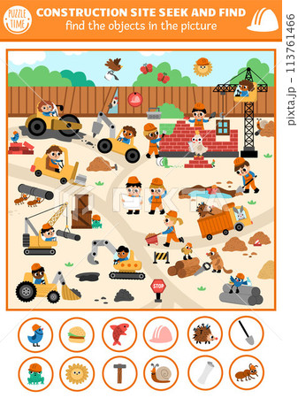 Construction site vector searching game with building works landscape. Spot hidden objects. Simple seek and find printable activity for kids with workers, building brick house, special cars Construction site vector searching game with building works landscape. Spot hidden objects. Simple seek and find printable activity for kids with workers, building brick house, special cars 113761466