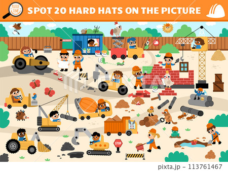 Vector construction site searching game with building works landscape. Spot hidden hard hats in the picture. Simple seek and find educational printable activity for kids with workers in uniform Vector construction site searching game with building works landscape. Spot hidden hard hats in the picture. Simple seek and find educational printable activity for kids with workers in uniform 113761467