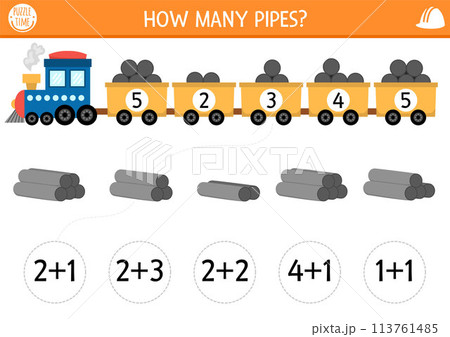 How many pipes game with cute freight train Construction site math addition activity for children. Simple building works printable counting worksheet for kids with engine and cars with load 113761485
