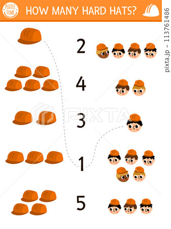 Match the numbers construction site game with builders and hard hats. Building works math activity for preschool kids. Repair service educational counting worksheet with helmets, uniform headwear 113761486
