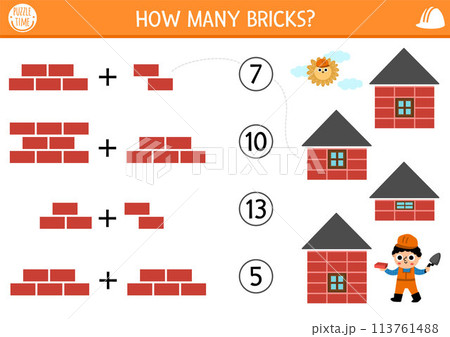 Match the numbers construction site game with builder and buildings. Math activity for preschool kids with worker. Educational counting worksheet. How many bricks in the house 113761488