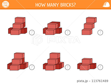 3d counting construction site game with bricks. Math and logical activity for preschool kids with building material. Educational counting worksheet. How many blocks printable page for spatial thinking 113761489