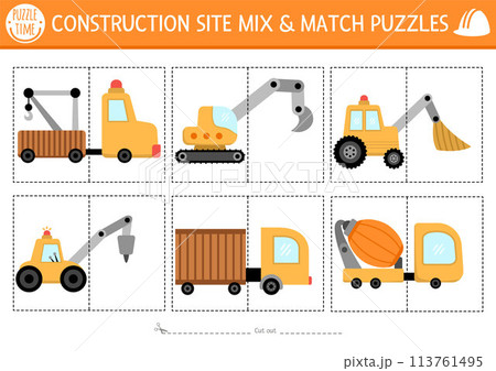 Vector construction site mix and match puzzle with cute industrial vehicles and their parts. Matching building works activity for kids. Educational printable game with bulldozer, excavator, truck 113761495