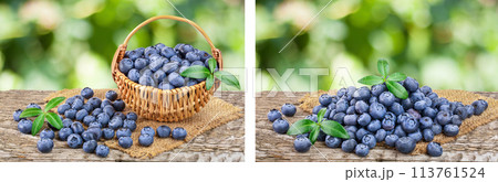 fresh ripe blueberry in wooden basket on table and white background 113761524