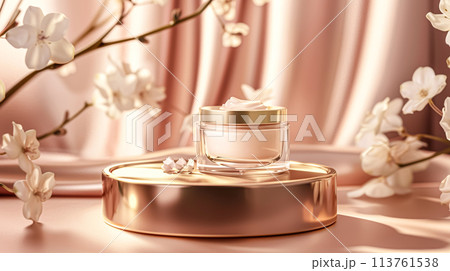 Cosmetic cream in a glass jar on pink background. Skin care concept. Backdrop for beauty products 113761538