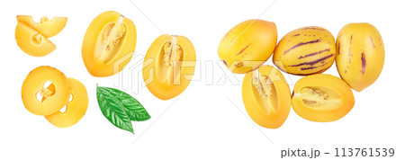 Fresh Pepino fruit half isolated on white background. Top view, flat lay Fresh Pepino fruit half isolated on white background. Top view, flat lay 113761539