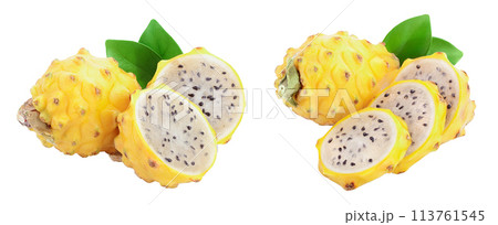 Ripe Dragon fruit, Pitaya or Pitahaya yellow isolated on white background, fruit healthy concept 113761545