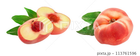 half of ripe chinese flat peach fruit with leaf isolated on white background half of ripe chinese flat peach fruit with leaf isolated on white background 113761596