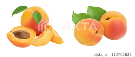 apricot fruit with half and slices isolated on white background. Clipping path and full depth of field 113761625