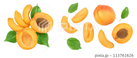 apricot fruit with half and slices isolated on white background. Clipping path. Top view. Flat lay apricot fruit with half and slices isolated on white background. Clipping path. Top view. Flat lay 113761626