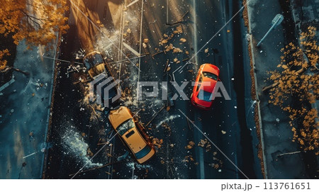 top view of a dangerous car crash incident on the road, top view collision. 113761651