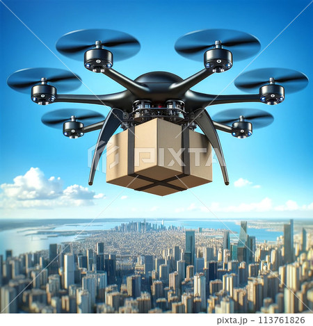 Aerial drone carrying package over an urban cityscape at sunset. Urban technology, commerce concept Aerial drone carrying package over an urban cityscape at sunset. Urban technology, commerce concept 113761826