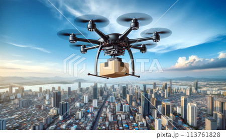 Aerial drone carrying package over an urban cityscape at sunset. Urban technology, commerce concept Aerial drone carrying package over an urban cityscape at sunset. Urban technology, commerce concept 113761828