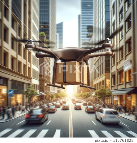 Aerial drone carrying package over an urban cityscape at sunset. Urban technology, commerce concept Aerial drone carrying package over an urban cityscape at sunset. Urban technology, commerce concept 113761829