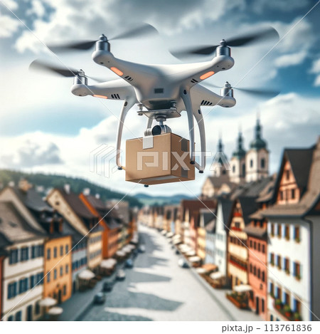 Aerial drone carrying package over rural landscape at sunset. Urban technology, commerce concept 113761836