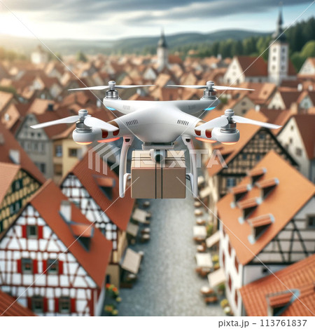 Aerial drone carrying package over rural landscape at sunset. Urban technology, commerce concept 113761837