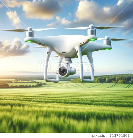Flying drone over green farmland with a clear sky. Agriculture and technology concept copy space 113761861