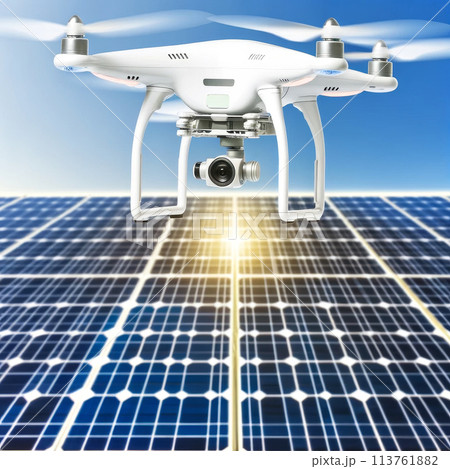 Quadcopter drone flying over solar panels. Renewable energy advanced technology concept 113761882